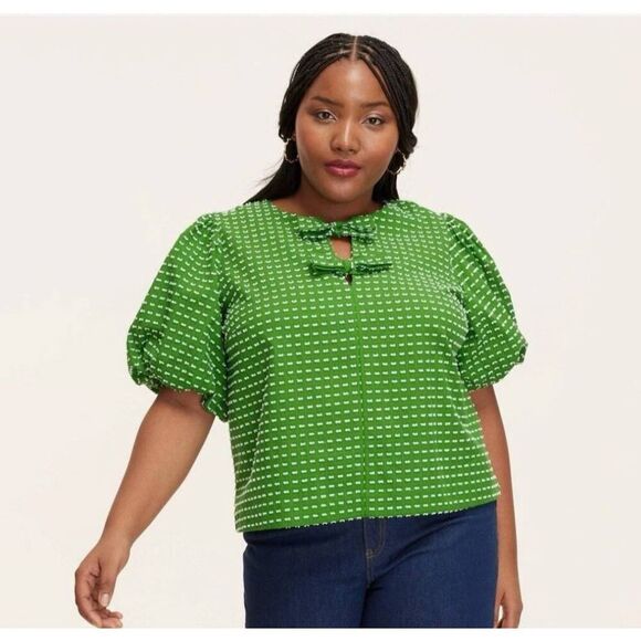 Kate Spade New York X target Sz M green textured polkadot puff sleeve blouse new - Picture 1 of 9